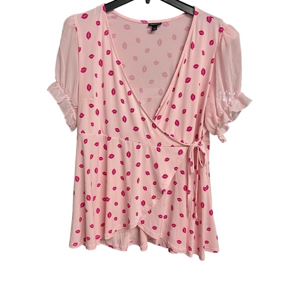 Torrid Studio Knit Chiffon Puff Sleeve Surplice Top Pink Size 1X Dark Pink Lips - Picture 6 of 14